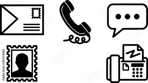 Minimalist icon set close up postal stamp envelope telephone handset fax and speech bubble on white background flat line art