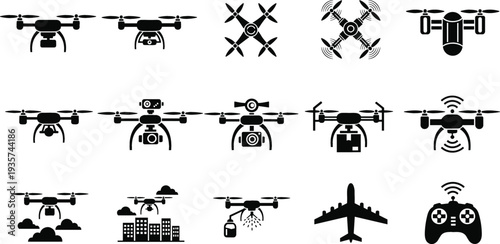 Drone technology icon set with quadcopter aerial camera flying devices remote control and aviation symbols black vector illustration