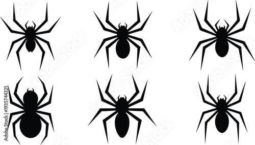 Set of Six Black Spider Silhouettes with Various Body Shapes and Leg Positions for Halloween Decorations, Spooky Graphics, and Horror Themed Designs