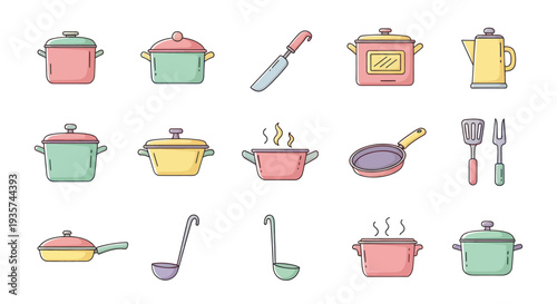 Colorful cooking utensils and kitchenware set