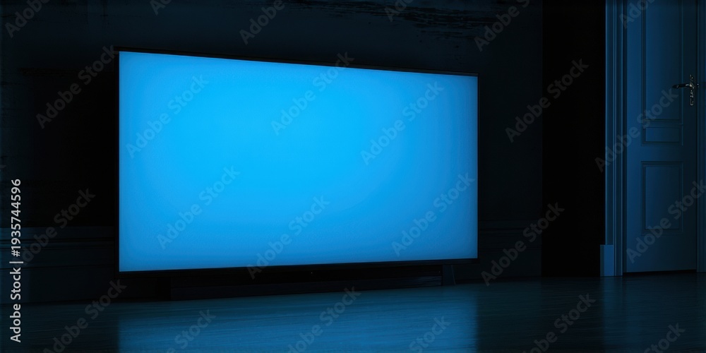 Fototapeta premium Dark room features illuminated television. Minimalist interior, modern design, blue glow dominates scene. Quiet ambiance, simple setting.