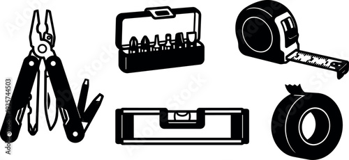 Flat design black multitool tape measure level tape roll and screwdriver bit set icons top view bold silhouette vector minimalist