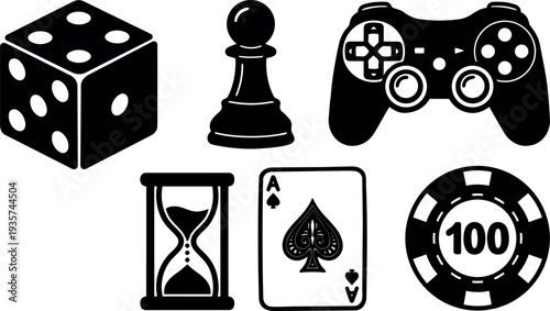Flat design black game icons set showing dice pawn gamepad hourglass ace of spades poker chip close up vector silhouette