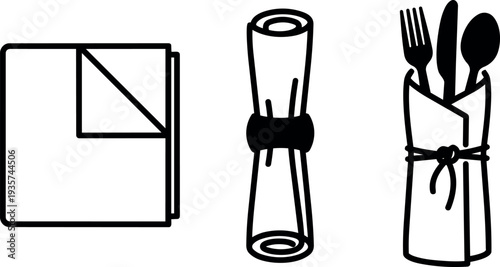 Line art napkin and cutlery icon set three variations folded rolled and wrapped utensils close up minimal table service illustration