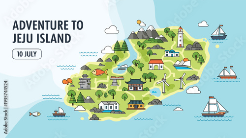 Detailed illustrated tourist map of Jeju Island showing major attractions, landmarks, mountains, and coastal ships for a planned adventure.