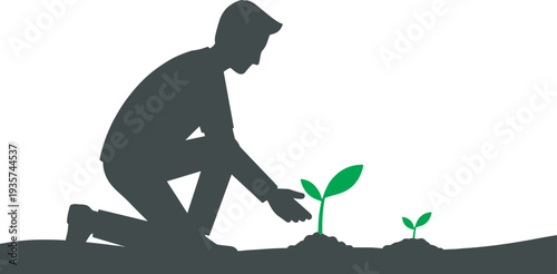 Man planting green seedling silhouette, environmental conservation gardening activity nature protection isolated vector illustration concept