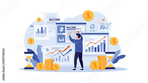 Professional managing personal or business income through various charts, documents, and coins while monitoring time with hourglasses.