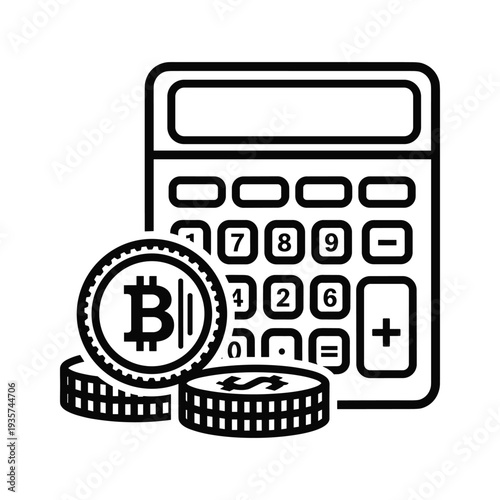 Cryptocurrency investment calculation with a calculator and coins