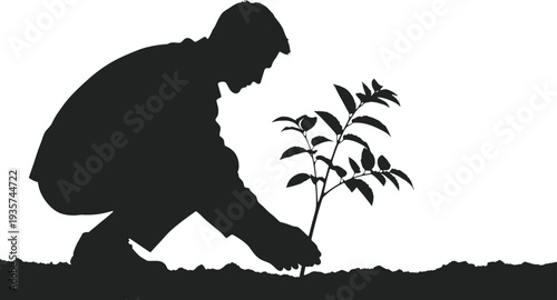Man planting tree silhouette, environmental conservation gardening activity isolated vector illustration for nature protection concept