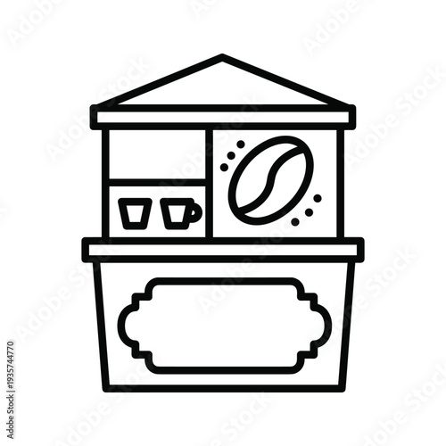 Minimalist illustration of a small coffee shop counter with a coffee cup and coffee bean