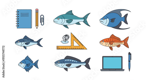 Colorful fish and office supplies vector illustration