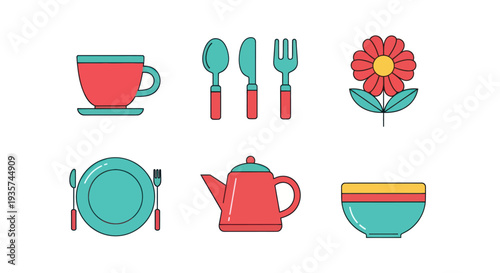 Colorful flat icon set tableware and flower