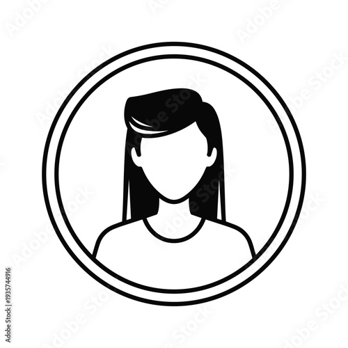 Simple black and white silhouette of a female figure with long hair in a circular frame