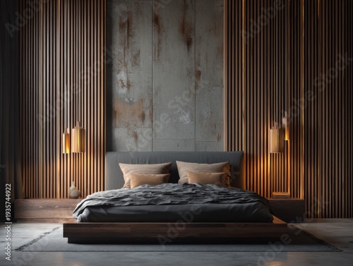 Modern bedroom with wooden slat walls and warm lighting. Bed features dark bedding and minimalist design. Rustic concrete wall adds texture and contrast. Floor lamps cast soft glow along the walls