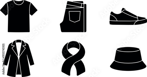 Flat design minimal clothing icons set showing t shirt jeans sneaker coat ribbon bucket hat black silhouettes simple white background