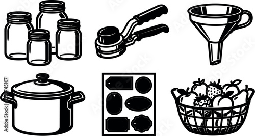 Minimalist kitchen canning vector set jars jar opener funnel stockpot label sheet fruit basket in bold outline black silhouette icons