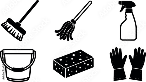 Flat design close up cleaning icons set mop broom bucket spray bottle sponge gloves black silhouettes on white background vector