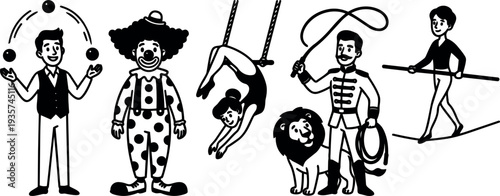 Vintage circus vector lineup juggler smiling juggling balls clown aerialist on trapeze lion tamer with lion tightrope walker balancing classic