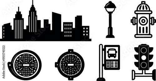 Flat design black city skyline and street icons close up bus stop manhole fire hydrant traffic light vector set silhouette