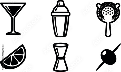 Flat design cocktail bar icon set showing martini glass shaker strainer lemon wedge jigger and olive close up line art