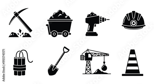 Black silhouettes depicting various tools and equipment used in mining operations