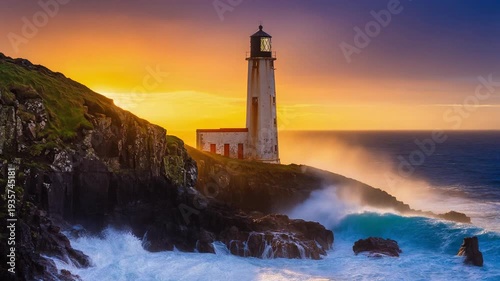 Lighthouse on a Rugged Cliff with Dramatic Ocean Waves at Sunset