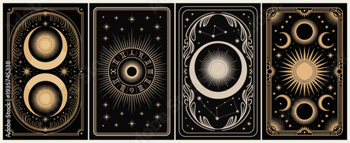 A set of four tarot cards with black backgrounds and intricate golden-beige celestial designs, including suns, moons, zodiac symbols, and constellations, evoking a mystical and cosmic aesthetic.