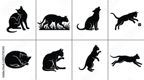 Collection of black silhouette illustrations depicting playful and relaxed cat and dog poses