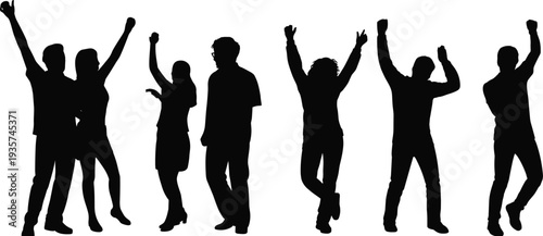 Silhouette group of people celebrating, cheering, dancing, raising arms, joyful crowd, expressive poses, teamwork unity, black figures, white background