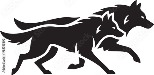 Two wolves running together stylized black silhouette