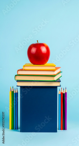 Red apple on top of stacked colorful books and colored pencils on blue background