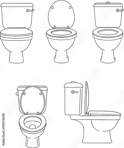 Toilet bowl vector set, bathroom toilet line art collection, sanitary ceramic WC illustration, restroom plumbing equipment icons, outline vector isolated