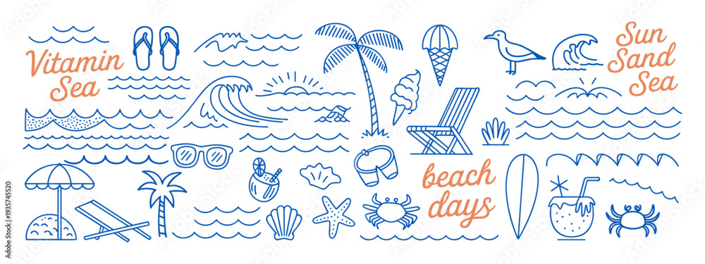 Obraz premium Hand-drawn beach-themed vector set with summer doodles like waves, palm trees, shells, crabs, sunglasses, and surfboards. Perfect for vacation designs, t-shirt prints, and tropical projects.