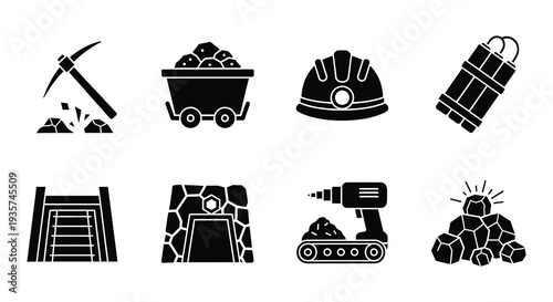 Black silhouettes depicting various tools and equipment used in mining operations