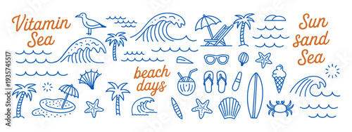 Hand-drawn beach-themed vector set with summer doodles like waves, palm trees, shells, crabs, sunglasses, and surfboards. Perfect for vacation designs, t-shirt prints, and tropical projects.