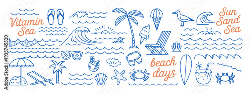 Hand-drawn beach-themed vector set with summer doodles like waves, palm trees, shells, crabs, sunglasses, and surfboards. Perfect for vacation designs, t-shirt prints, and tropical projects.