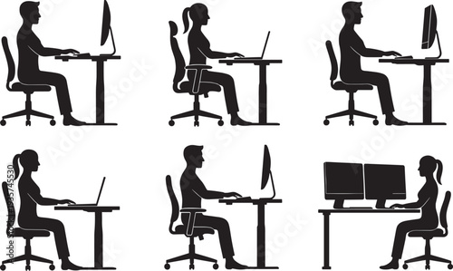 PrintOffice employees working on computer silhouettes, men and women sitting at desk using laptop vector set