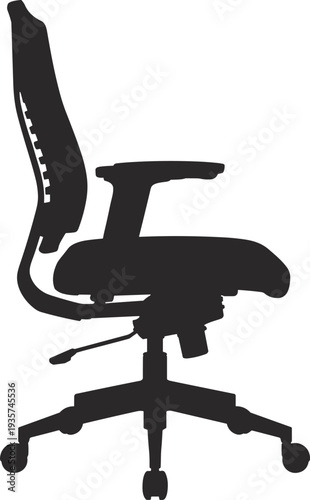 Ergonomic office chair silhouette icon, adjustable swivel desk chair furniture, modern workplace seating equipment, corporate workspace interior element illustration