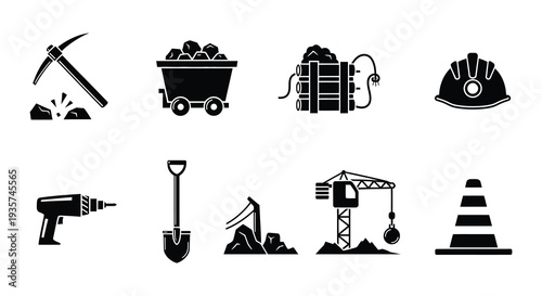 Black silhouettes depicting various tools and equipment used in mining operations
