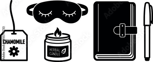 Flat design close up sleep mask chamomile tea tag lit herbal candle leather journal and pen arranged for evening ritual