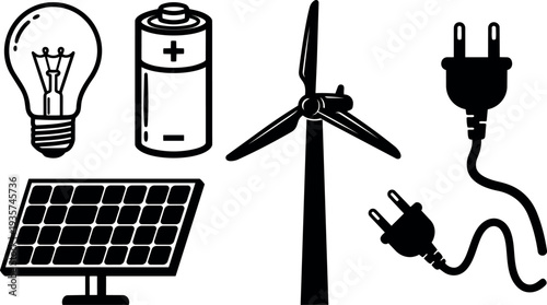 Flat design renewable energy icons set light bulb battery solar panel wind turbine and power plugs in bold outline monochrome