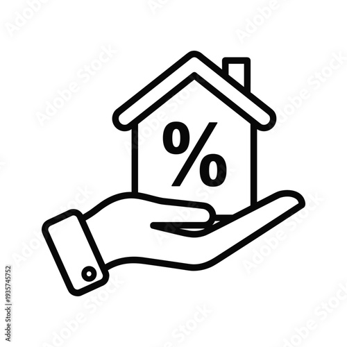 Hand holding a house icon with percentage symbol indicating real estate investment or mortgage rates.