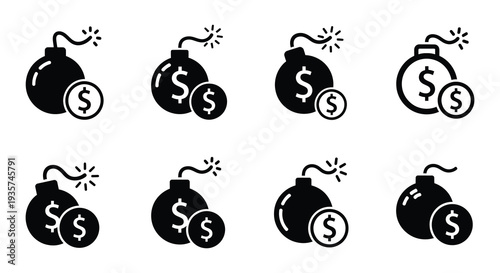 Black and white icons depicting money bombs with burning fuses