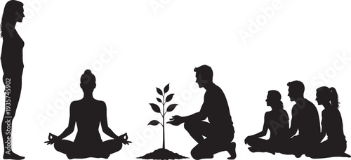 People meditation and planting tree silhouettes, mindfulness yoga nature conservation concept isolated vector illustration set