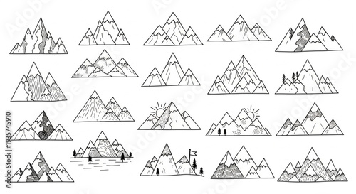 Collection of Hand Drawn Mountain Peaks Illustrations.