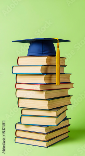 Stack of books with graduation cap on top  education and learning concept
