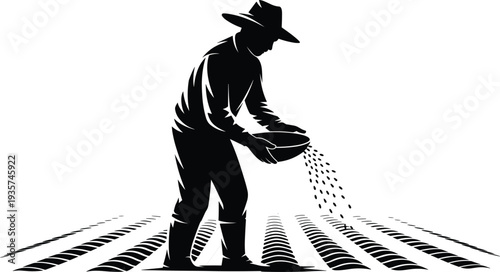 Black silhouette of farmer sowing seeds in agricultural field, traditional farming scene symbolizing agriculture, manual labor, and rural cultivation practices