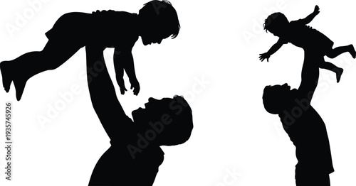 Silhouette parents lifting children, family bonding, playful parenting, joyful childhood moments, parental love, happy kids, caring adults, affectionate interaction, outdoor fun, emotional connection