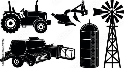 Flat design agricultural machinery vector set tractor plow baler silo windmill black silhouette side view icons single color