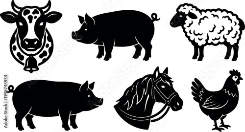 Silhouette vector farm animal set showing cow pig sheep horse and chicken in black on white background close up side